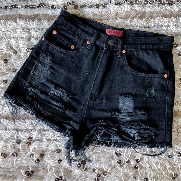 Extreme High Waisted/Rise Black Distressed Shorts - Picture 3 of 5